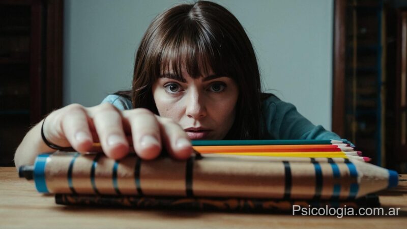 Mujer con trastorno obsesivo compulsivo alineando lápices